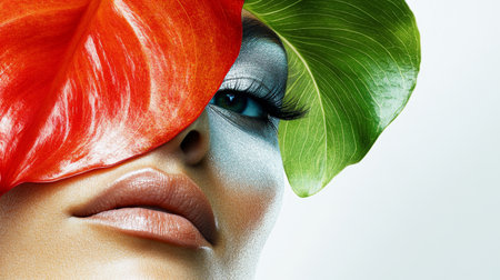 Beauty Unveiled Woman with Red and Green Tropical Plants Accentuating Elegant Makeup, Portraitの素材