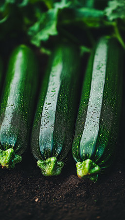 Three Fresh, Green Zucchini Laying in Garden Soil, Close-Up View, From a Sustainable Farm.の素材