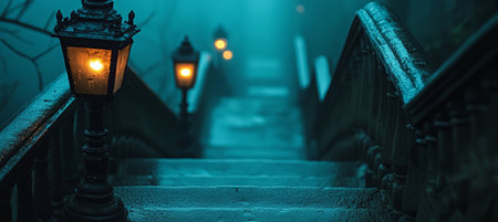 Fog-En shrouded Stone Staircase with Victorian Gothic Lanterns Illuminating a Mysterious Nightの素材