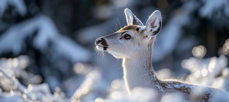 Young Noble Deer gracefully Pauses in a Scenic Winter Forest, a Captivating Wildlife Portrait,の素材
