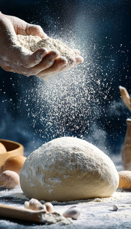 Fresh Dough Sprinkled with Flour, Culinary Preparation for Baking, Homemade Bread Makingの素材
