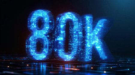 Glowing Blue Digital Number 80K on Futuristic Technology Background Celebrating a Milestoneの素材