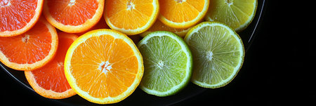 Vibrant Citrus Fruit Slices A Colorful Display of Oranges, Lemons, and Limes on Black Backgroundの素材