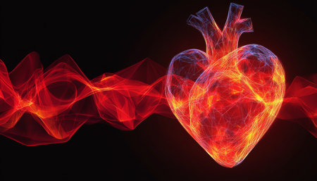 Blazing Heart Geometric, Vector-Style Human Heart Engulfed in Red, Fiery Energy, 3D Render.の素材