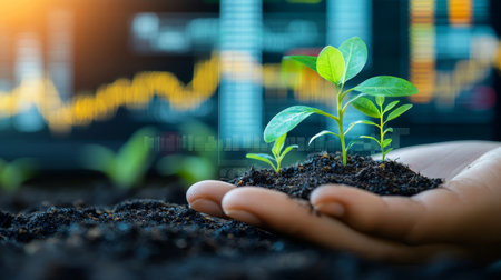 Small Plant Sprout Held in Hand With Stock Market Background, Growth and Investment Conceptの素材