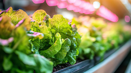 Indoor Vertical Farming Vibrant Green Lettuce Growing Under Pink LED Lights., Modern Agriculture.の素材