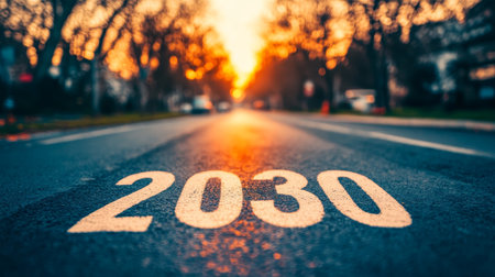 Road to 2030 Sunset over Empty City Street, New Year, New Beginnings, Future Conceptの素材