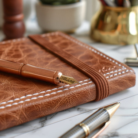 Back to School Stylish Leather Notebook with Blank Page and Elegant Pen, Minimalist Compositionの素材