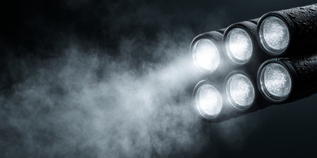 Powerful Flashlight Beams Shining Through Smoke, Illuminating a Dark Path at Close Rangeの素材