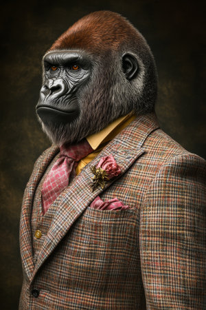 Sophisticated Gorilla A Portrait of an Anthropomorphic Gorilla in a Suit Against a Dark Backgroundの素材