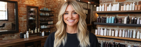 Happy Smiling Woman Posing With New Hairstyle Inside Light Modern Salon After A Great Haircutの素材