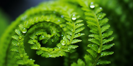 Macro Photography of a Fern Spiral, Green Leaves with Tight Coils and Fresh Water Dropsの素材