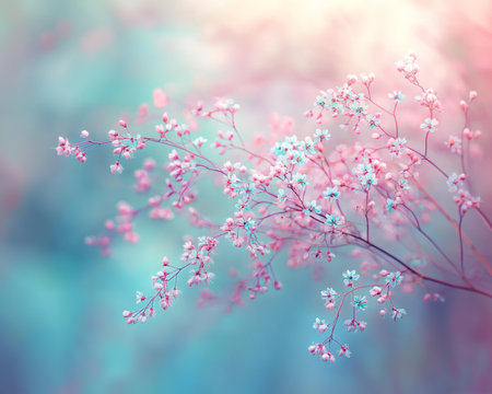 Soft Focus Wildflowers, Pastel Colors With Lens Flare, Spring Floral Bloom. Pink, Blue Palette.の素材