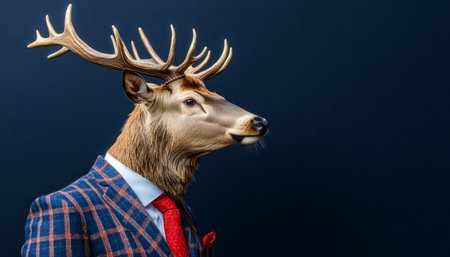 Anthropomorphic Deer in Suit, Profile on Dark Background, Blending Animal and Human Traitsの素材