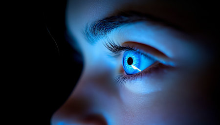 Close-up of Blue Light Reflecting in Human Eye, Digital Device Usage, Screen Glow, Technology Impactの素材