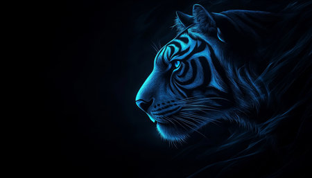 Blue Tiger Portrait A Majestic Feline Emerges from the Shadows, Illuminated by Ethereal Lightの素材