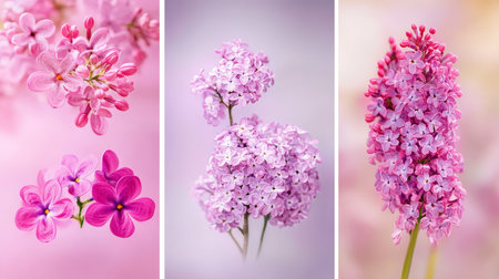 Three Artistic Compositions of Delicate Purple Lilac Flowers on Pastel Pink Backgroundsの素材