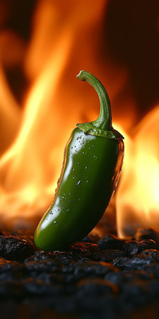 Single Green Jalapeo Pepper in Open Flame, on Black Coal Background. Vivid, Detailed Macro Image.の素材