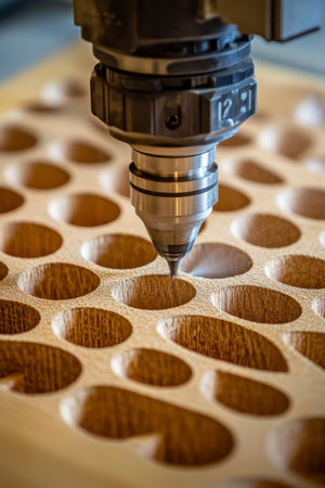 Precision Cutting CNC Router Creating Intricate Detail in Plywood Panel, Shallow Depth of Fieldの素材
