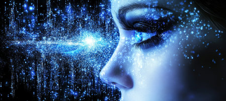 Blue Glowing Data Stream Reflecting In Woman s Eye, Conceptual Image Of Digital Worldの素材