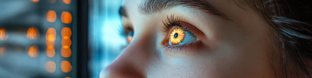 Young Woman s Eye Lit Up with Screen Content Deeply Absorbed in Streaming Engaging Seriesの素材