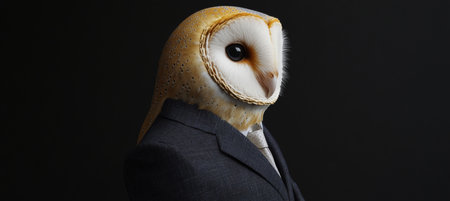 Owl in Business Suit. Anthropomorphic Owl on a Dark Background, Blending Animal and Human Traits.の素材