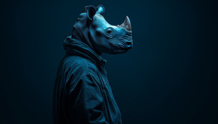 Rhino in Shadow Anthropomorphic Animal in Trench Coat, Conceptual Art on Dark Blue Backgroundの素材