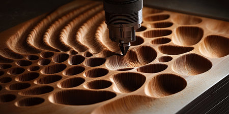 CNC Router Creating Intricate 3D Pattern in Walnut Board Modern Woodworking Technologyの素材