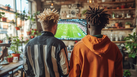 Friends Enjoying Streaming Sports at Home, Sharing Exciting Moments, Home Entertainmentの素材