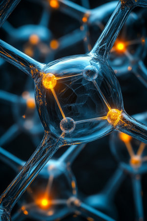 Interconnected Network of Glowing Blue Spheres, Abstract Background with Shallow Depth of Fieldの素材
