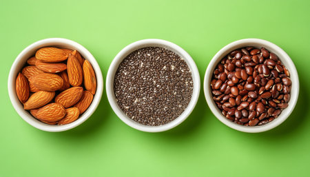 Three White Bowls Filled with Almonds, Chia Seeds, and Dried Beans on a Green Backgroundの素材