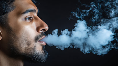 Close-Up, Young Man Exhaling Smoke Against a Black Background, Studio Shot, Dramatic Lightingの素材