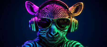 Neon Zebra DJ With Headphones, Vibrant Colors, Isolated on Dark Background. Music and Party Conceptの素材