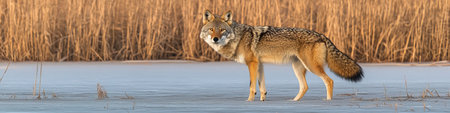 Lone Coyote on Frozen Lake With Golden Reeds in Background A Serene Winter Wildlife Portraitの素材