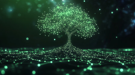 Digital Tree of Life Glowing Green Network of Nodes and Connections on Dark Backgroundの素材