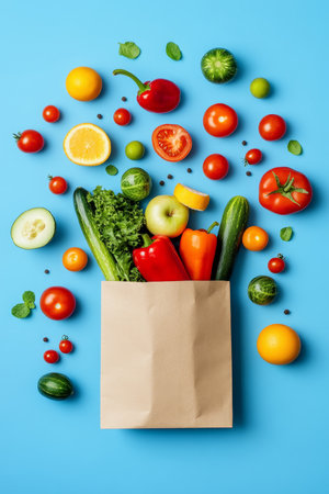 Fresh, Colorful Produce Spilling Out of a Brown Paper Bag Against a Vibrant Blue Backgroundの素材