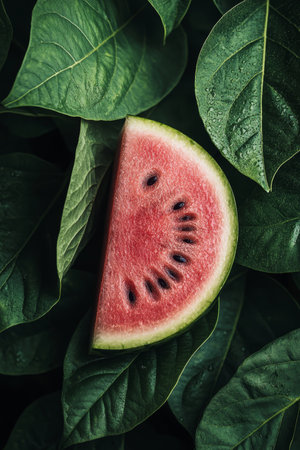 Juicy Watermelon Slice on Lush Green Leaves, Refreshing Summer Treats With Natural Detailsの素材