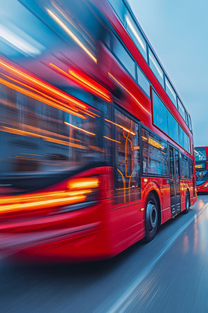 Red Double Decker Bus in Motion Blur, Speeding Down City Street, Vibrant Colors, Evening Commuteの素材