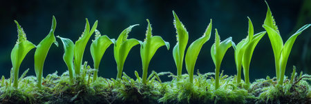 Close-Up Of New Life Emerging. A Row of Green Plant Sprouts growing on Vibrant Green Moss.の素材