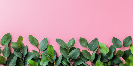 Frame of Fresh Eucalyptus Branches on Pastel Pink Background, Top View With Copy Spaceの素材