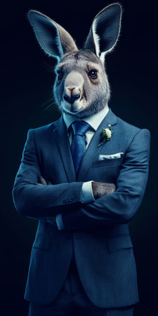 Anthropomorphic Kangaroo in Suit, Portrait on Dark Background, Animal Human Blend Conceptの素材