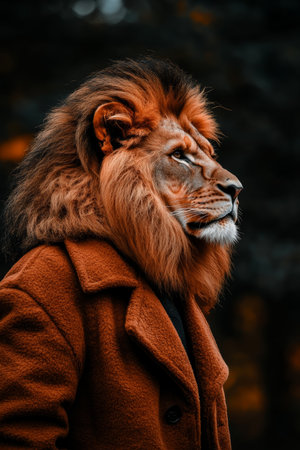 Majestic Lion in Profile, Wearing a Suit, Merging Animal and Human Traits on a Dark Backgroundの素材