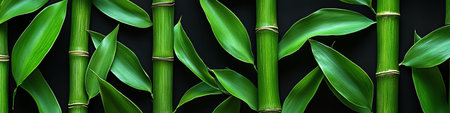 Seamless Green Bamboo Pattern On Black Background, Eco Wallpaper With Tropical Leavesの素材