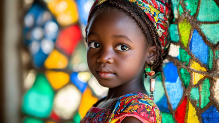 Young Girl, Stained Glass, And A Portrait of Child s Innocence. Colorful Background, Cultural Dressの素材