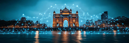 Gateway of India Glowing At Night With Futuristic Blue Digital Network Overlay, Mumbai Cityscapeの素材