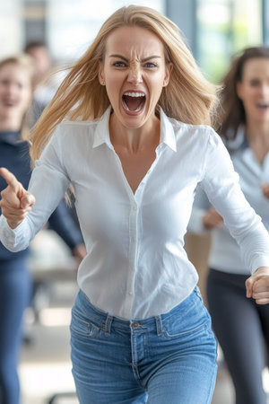 Young Business Woman Screaming With Frustration, Surrounded By Aggressive Coworkers In Open Officeの素材