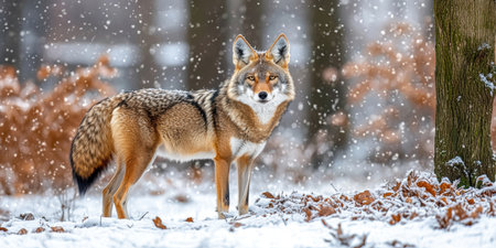 Majestic Coyote in Winter Wonderland A Stunning Wildlife Portrait Amidst Falling Snowの素材