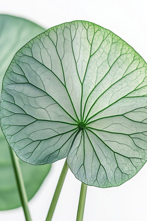 Close-up of Centella Asiatica Leaf, Isolated on White Background, Green, Round Leaf Veins,の素材