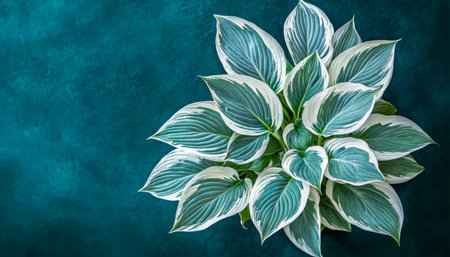 Variegated Hosta Plant, Top View, Isolated on Teal Background With Copy Space for Your Textの素材