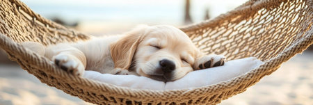 Golden Retriever Puppy Enjoys Tropical Vacation, Napping Peacefully in a Hammock on the Beachの素材